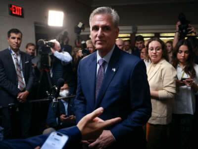 Former Speaker of the House Kevin McCarthy talks to members of the media in the Longworth House Office Building on October 10, 2023, in Washington, D.C.