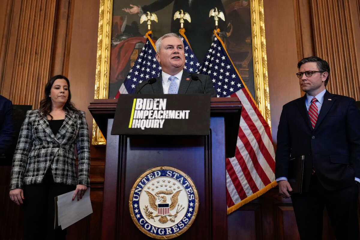 Flanked by Rep. Elise Stefanik (left) and Speaker of the House Mike Johnson, Rep. James Comer speaks during a news conference with House Republican leadership at the U.S. Capitol November 29, 2023, in Washington, D.C.