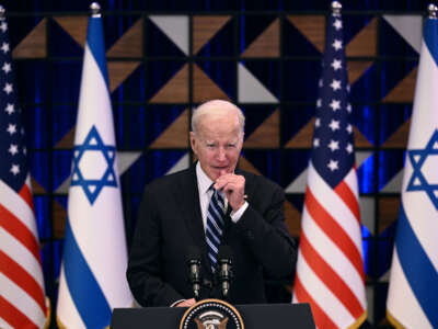 President Joe Biden holds a press conference following a solidarity visit to Israel, on October 18, 2023, in Tel Aviv.