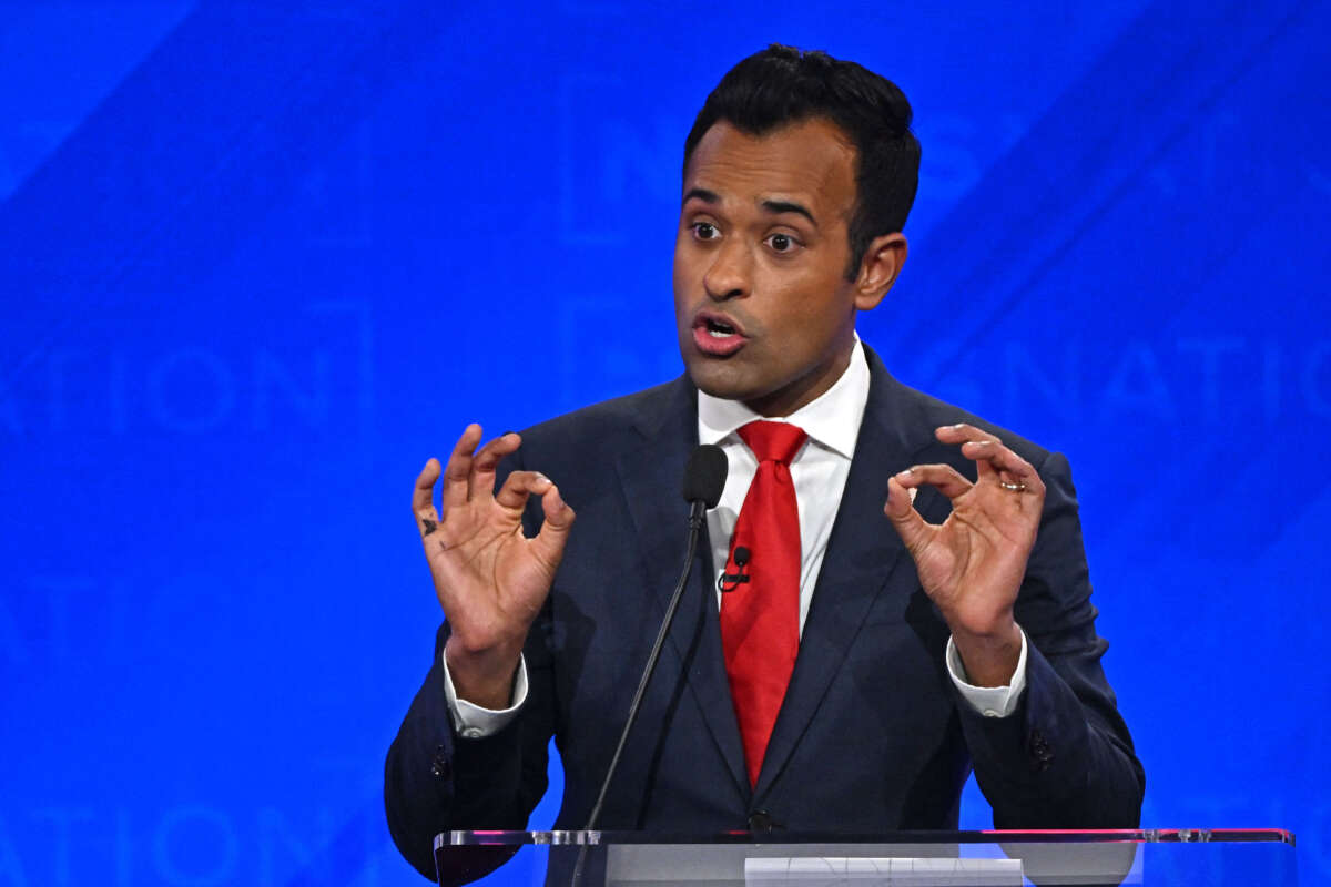 Entrepreneur Vivek Ramaswamy gestures as he speaks during the fourth Republican presidential primary debate at the University of Alabama in Tuscaloosa, Alabama, on December 6, 2023.