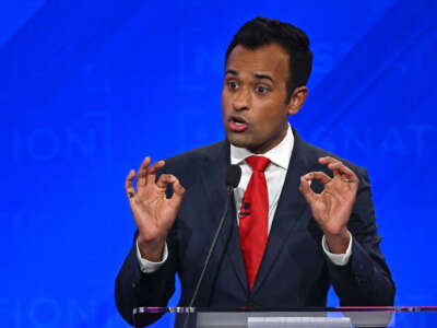 Entrepreneur Vivek Ramaswamy gestures as he speaks during the fourth Republican presidential primary debate at the University of Alabama in Tuscaloosa, Alabama, on December 6, 2023.