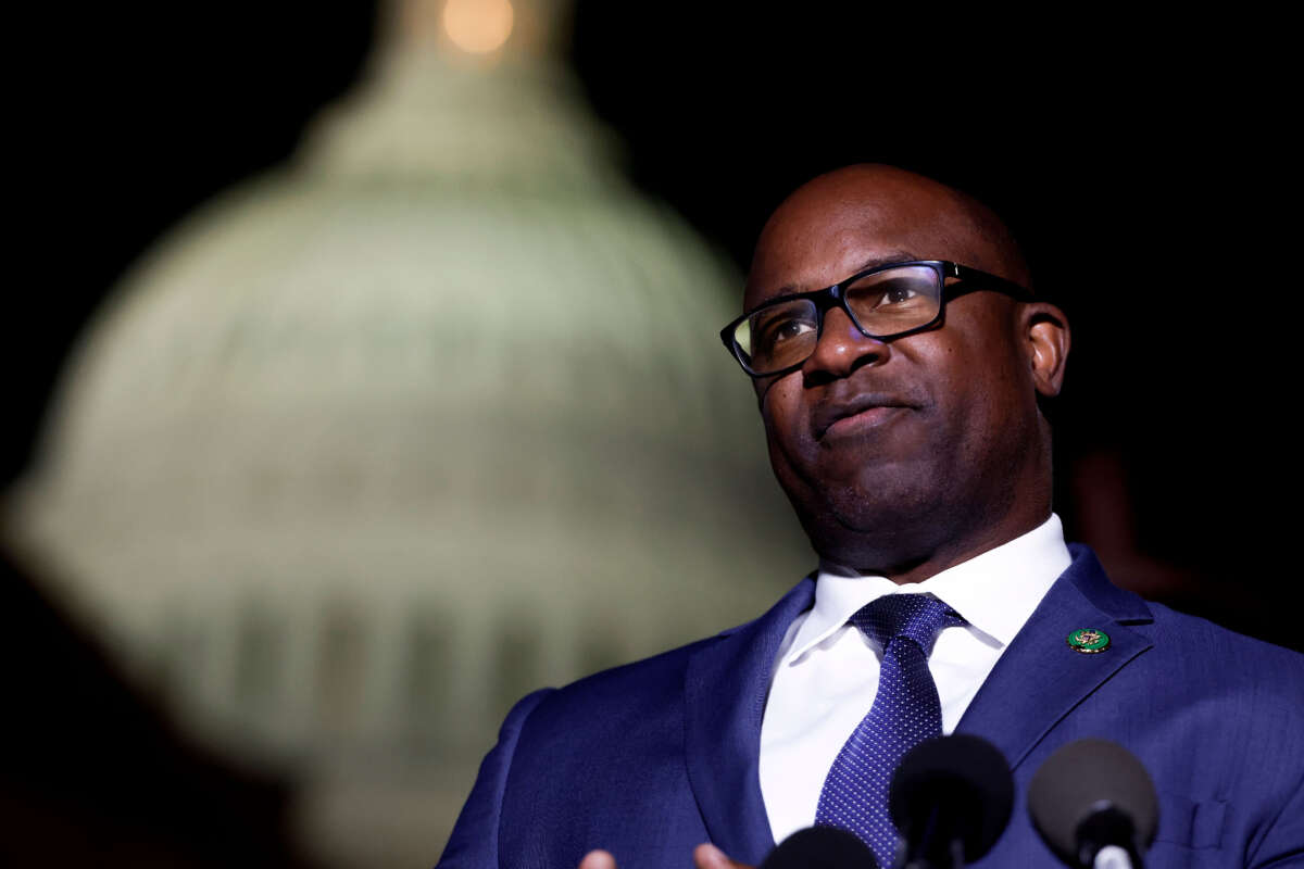 Rep. Jamaal Bowman speaks at a news conference calling for a ceasefire in Gaza outside the U.S. Capitol building on November 13, 2023, in Washington, D.C.