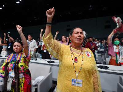 Indigenous people stand and raise their fists during COP28