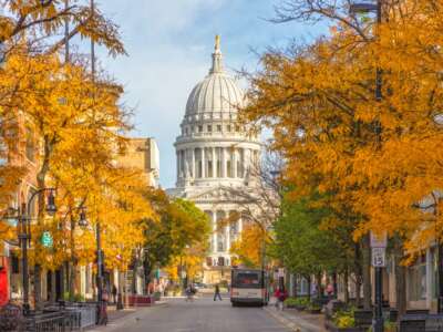 View of the Wisconsin State Capitol building in Fall, in Madison, Wisconsin.