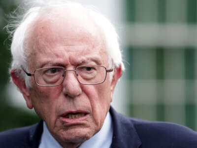 Sen. Bernie Sanders speaks to members of the press outside the West Wing of the White House on August 30, 2023, in Washington, D.C.