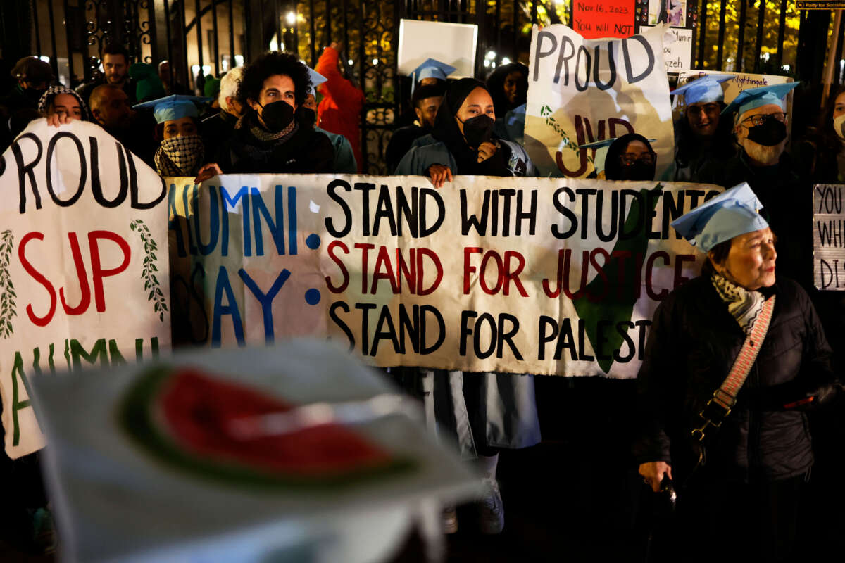 People gather to protest the banning of Students for Justice in Palestine (SJP) and Jewish Voice for Peace (JVP) at Columbia University on November 20, 2023, in New York City.