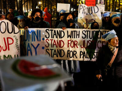 People gather to protest the banning of Students for Justice in Palestine (SJP) and Jewish Voice for Peace (JVP) at Columbia University on November 20, 2023, in New York City.