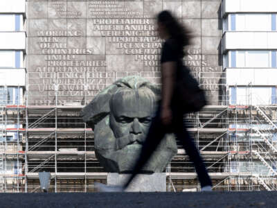 Scaffolding over 30 meters high rises behind the Karl Marx Monument on October 11, 2023, in Saxony, Chemnitz.