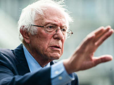 Sen. Bernie Sanders speaks with press at the White House on July 17, 2023.