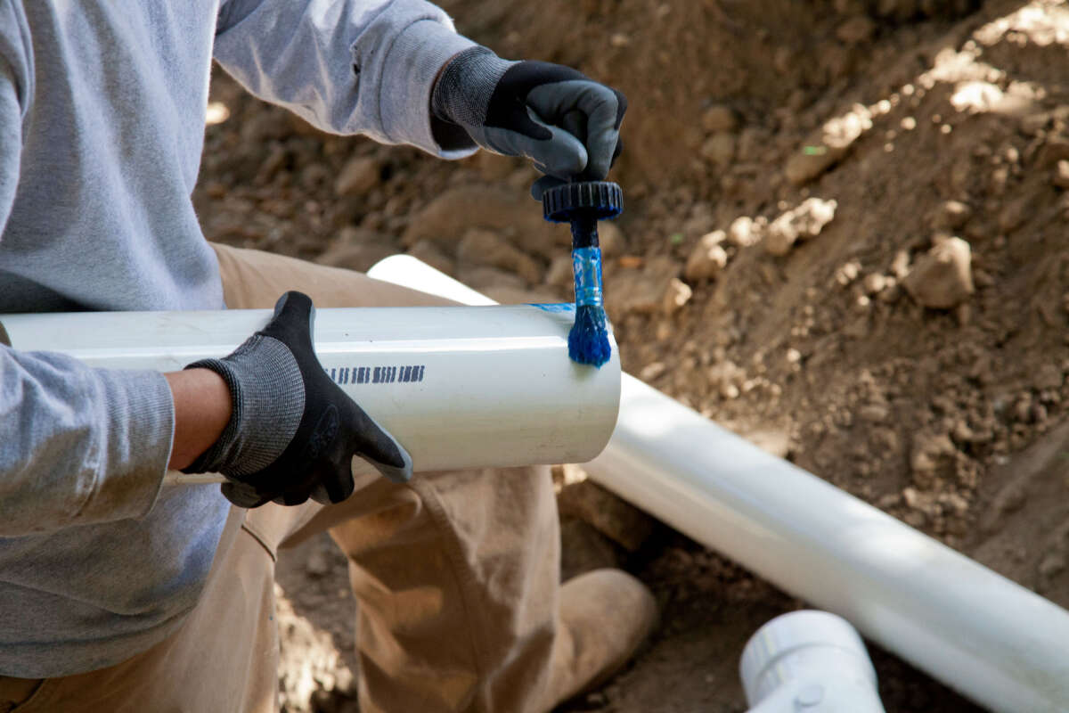 Poly vinyl chloride (PVC) pipes are seen being installed at a new home in Los Angeles, California.