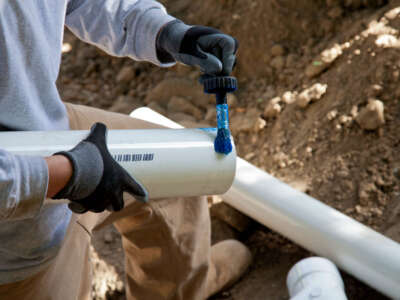 Poly vinyl chloride (PVC) pipes are seen being installed at a new home in Los Angeles, California.