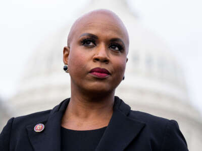 Rep. Ayanna Pressley attends a news conference outside the U.S. Capitol on December 10, 2021.