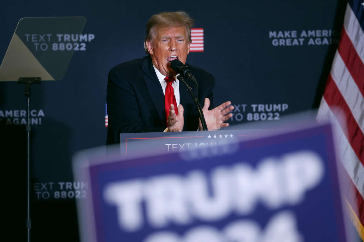 Former President Donald Trump speaks during a campaign event at the Hyatt Hotel on December 13, 2023, in Coralville, Iowa.