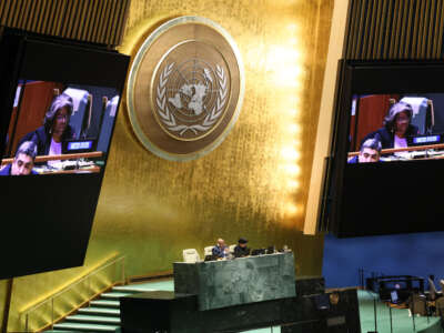 U.S. Ambassador to the United Nations Linda Thomas-Greenfield speaks during the UN General Assembly emergency special session on Israel's war at the United Nations headquarters on December 12, 2023, in New York City.