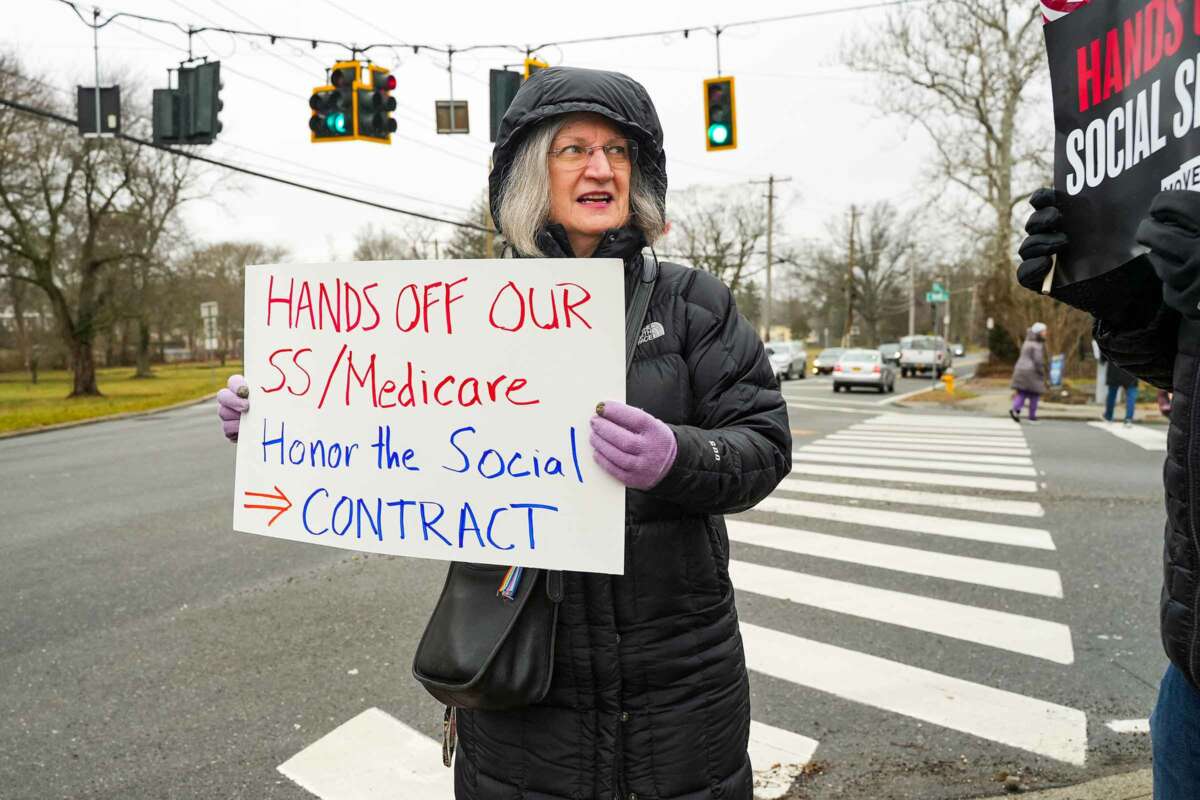 Maria LaMalfa at the Tell Rep LaLota: Stop MAGA Cuts! Protect Social Security! rally on February 23, 2023, in Huntington, New York.