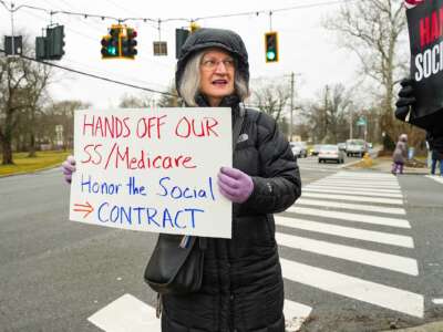 Maria LaMalfa at the Tell Rep LaLota: Stop MAGA Cuts! Protect Social Security! rally on February 23, 2023, in Huntington, New York.