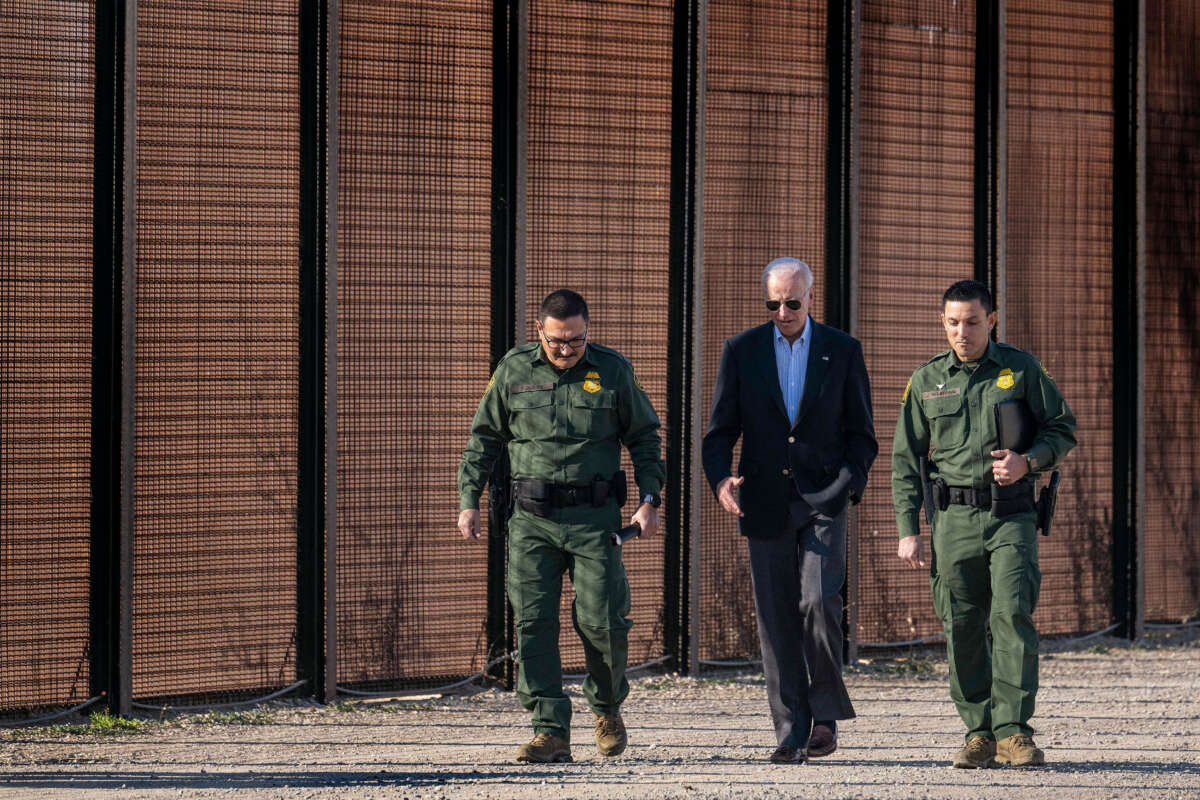 President Joe Biden speaks with U.S. Customs and Border Protection officers as he visits the U.S.-Mexico border in El Paso, Texas, on January 8, 2023.