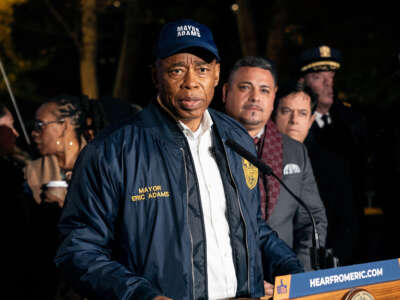 Mayor Eric Adams speaks during the Thanksgiving Day Parade safety-related announcement in New York City on November 22, 2023.