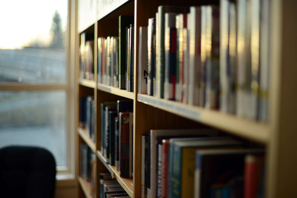 Books in a library bookcase.