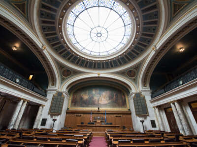 Interior photograph of the architecture of the chamber of the House of Representatives in the State Capitol in Madison, Wisconsin.