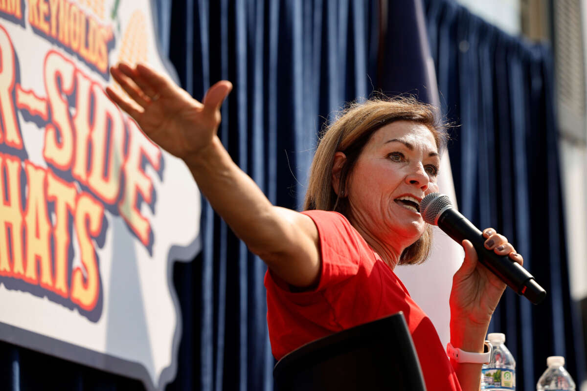 Iowa Gov. Kim Reynolds speaks at the Iowa State Fair on August 10, 2023, in Des Moines, Iowa.