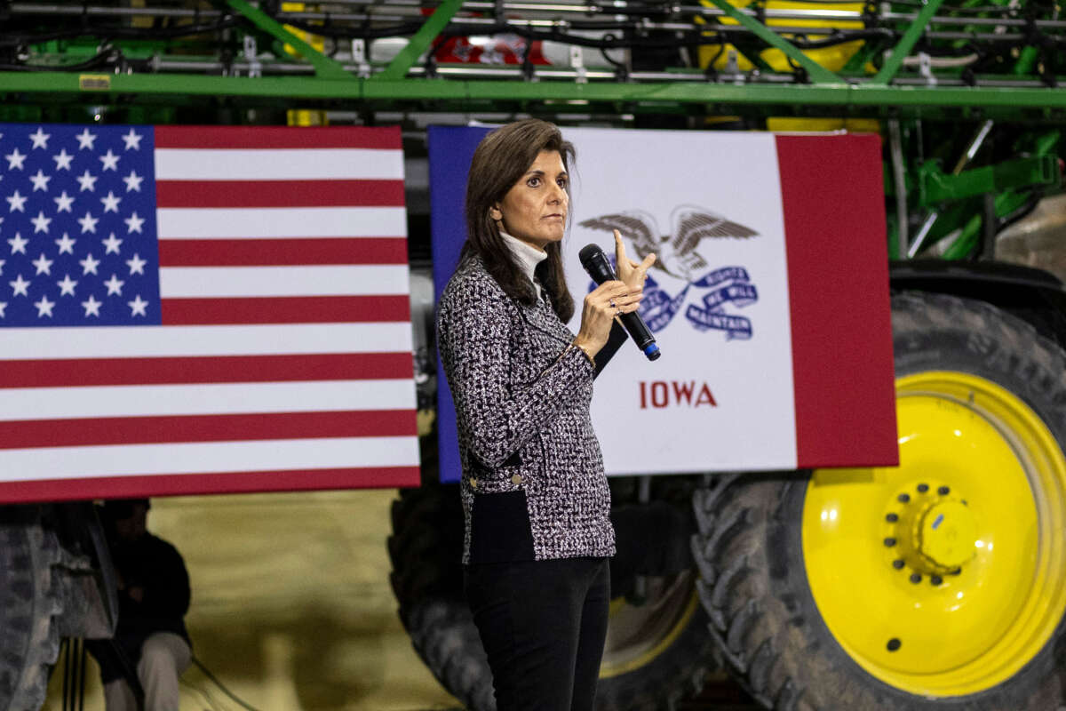 Former UN ambassador and 2024 presidential hopeful Nikki Haley speaks during a Town Hall event in Agency, Iowa, on December 19, 2023.