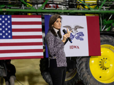 Former UN ambassador and 2024 presidential hopeful Nikki Haley speaks during a Town Hall event in Agency, Iowa, on December 19, 2023.
