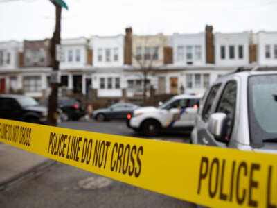 Police tape is pictured near the scene of the fatal fire in the Fairmount neighborhood on January 5, 2022, in Philadelphia, Pennsylvania.