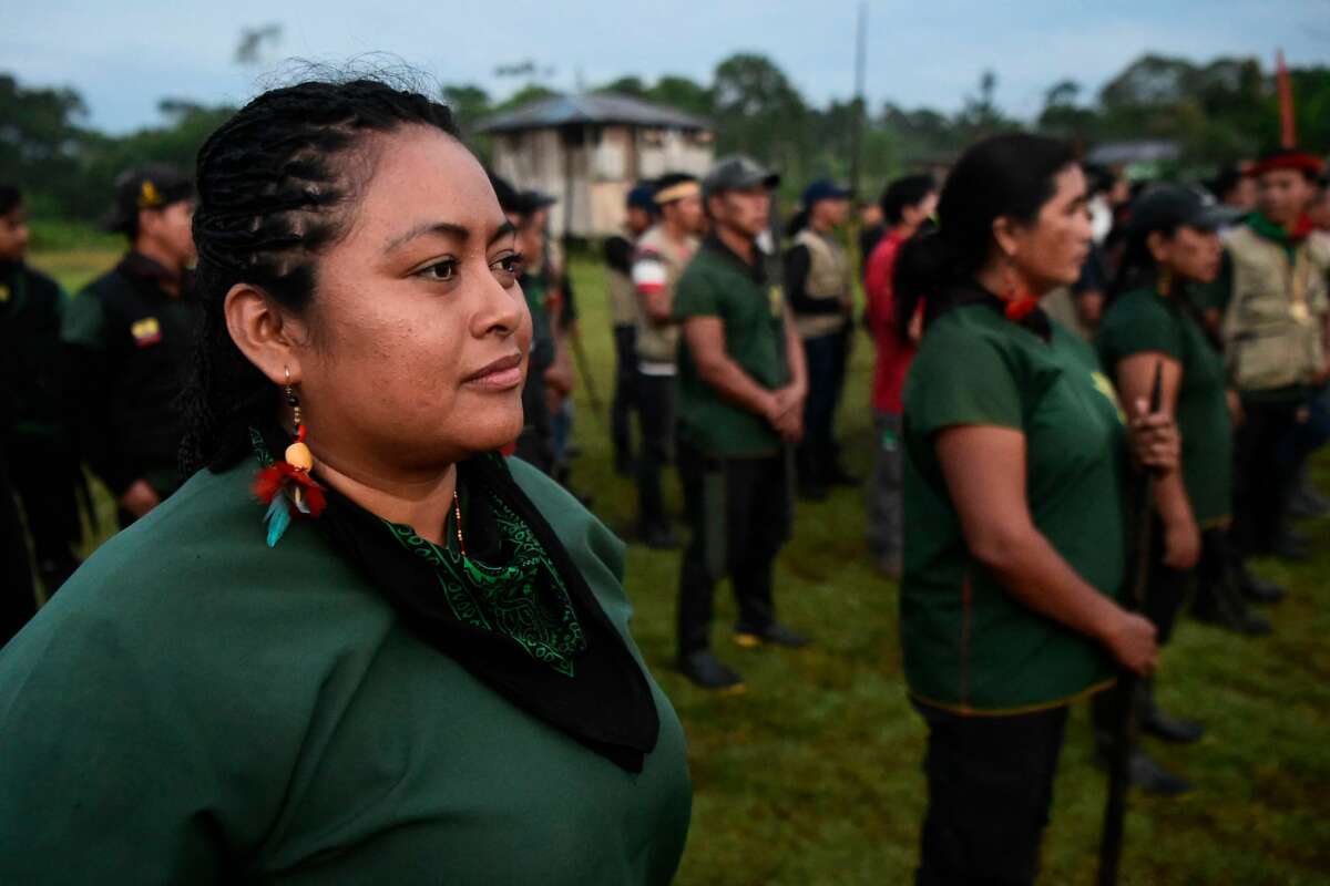 A’i Cofán leader Alexandra Narváez takes part in the first meeting of the Indigenous guard in charge of protecting Native territories 