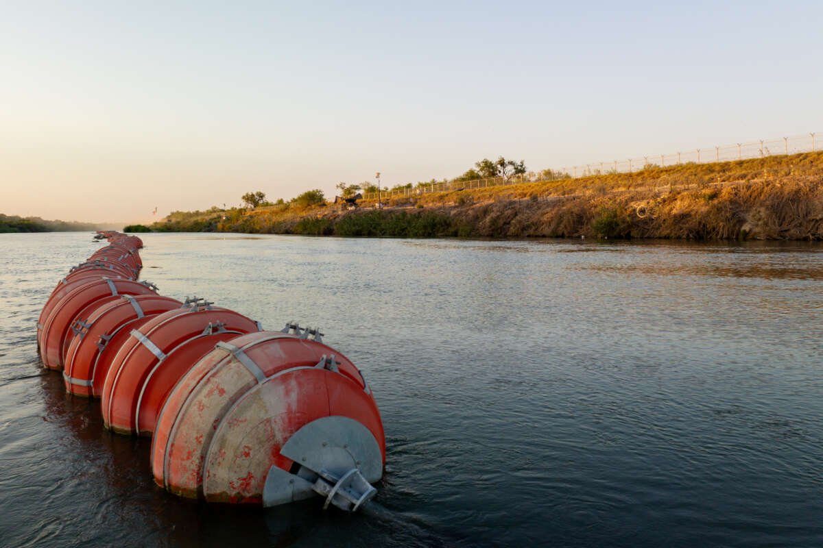 Buoy barriers are seen situated in the Rio Grande river on September 11, 2023, in Eagle Pass, Texas.