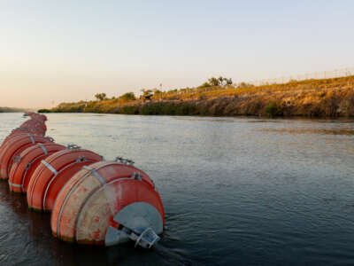 Buoy barriers are seen situated in the Rio Grande river on September 11, 2023, in Eagle Pass, Texas.
