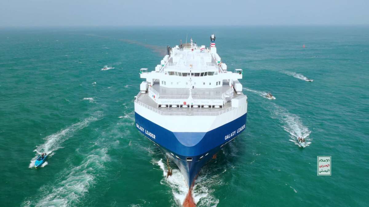 Yemen's Houthi fighters take over the Galaxy Leader cargo ship in the Red Sea coast off Hudaydah, on November 20, 2023.