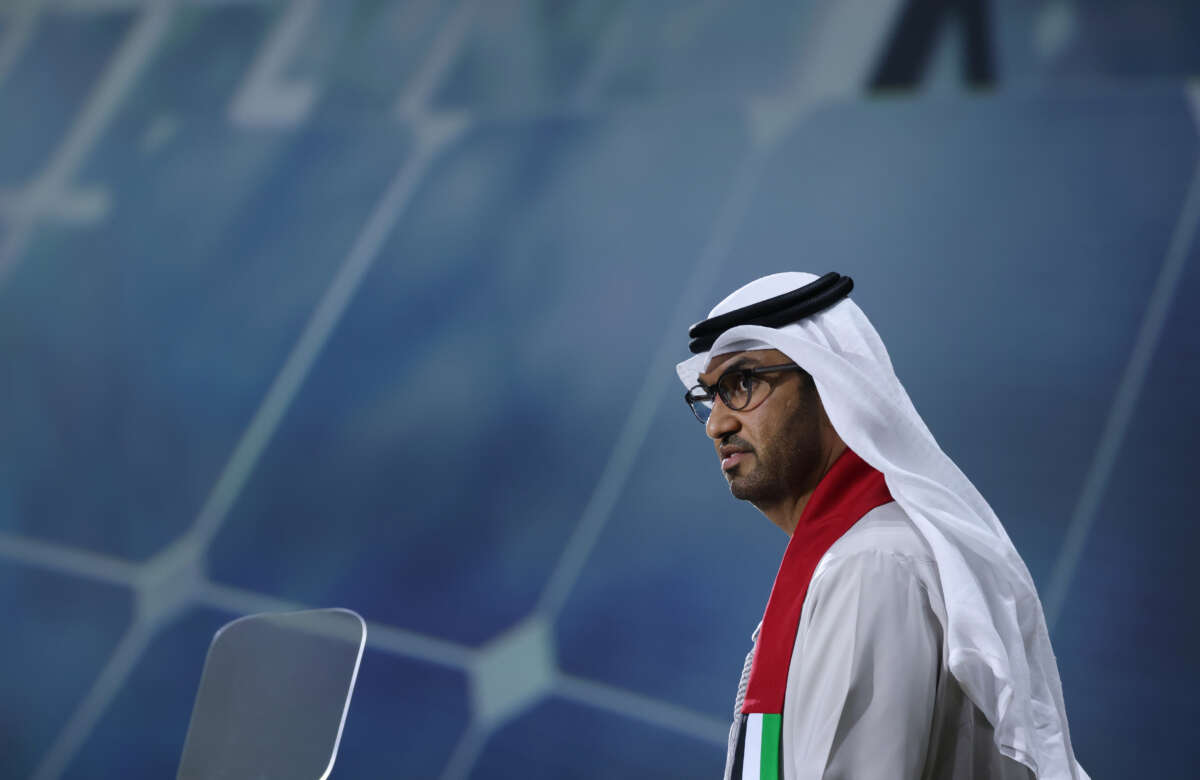 Sultan Ahmed Al Jaber, President of the UNFCCC COP28 Climate Conference, speaks at a presentation of the Industrial Transition Accelerator at Expo City Dubai on December 2, 2023 in Dubai, United Arab Emirates.