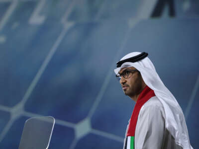 Sultan Ahmed Al Jaber, President of the UNFCCC COP28 Climate Conference, speaks at a presentation of the Industrial Transition Accelerator at Expo City Dubai on December 2, 2023 in Dubai, United Arab Emirates.