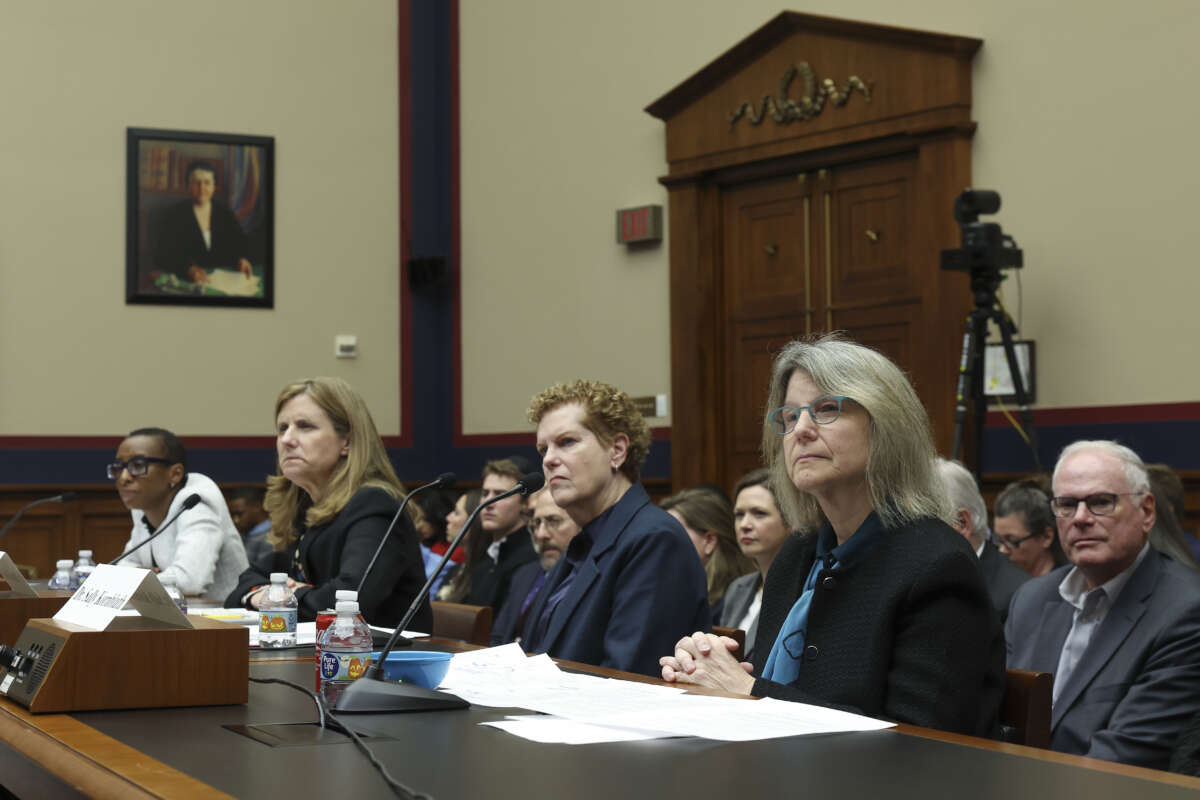 (L-R) Dr. Claudine Gay, President of Harvard University, Liz Magill, President of University of Pennsylvania, Dr. Pamela Nadell, Professor of History and Jewish Studies at American University, and Dr. Sally Kornbluth, President of Massachusetts Institute of Technology, testify before the House Education and Workforce Committee on December 5, 2023, in Washington, D.C.