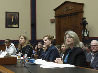 (L-R) Dr. Claudine Gay, President of Harvard University, Liz Magill, President of University of Pennsylvania, Dr. Pamela Nadell, Professor of History and Jewish Studies at American University, and Dr. Sally Kornbluth, President of Massachusetts Institute of Technology, testify before the House Education and Workforce Committee on December 5, 2023, in Washington, D.C.