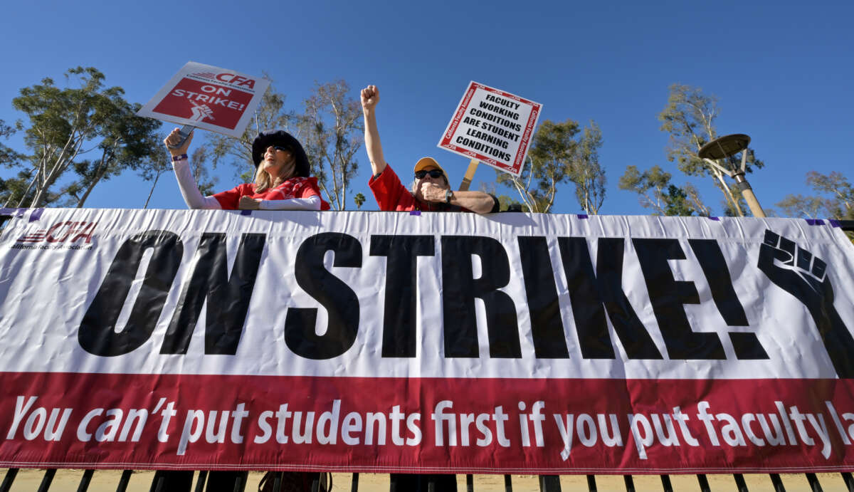 The California Faculty Association rallies during a week of strikes at the Cal State LA campus in Los Angeles, on December 6, 2023.