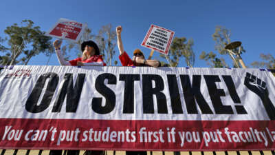The California Faculty Association rallies during a week of strikes at the Cal State LA campus in Los Angeles, on December 6, 2023.