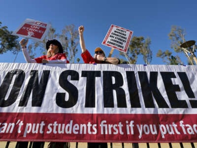 The California Faculty Association rallies during a week of strikes at the Cal State LA campus in Los Angeles, on December 6, 2023.