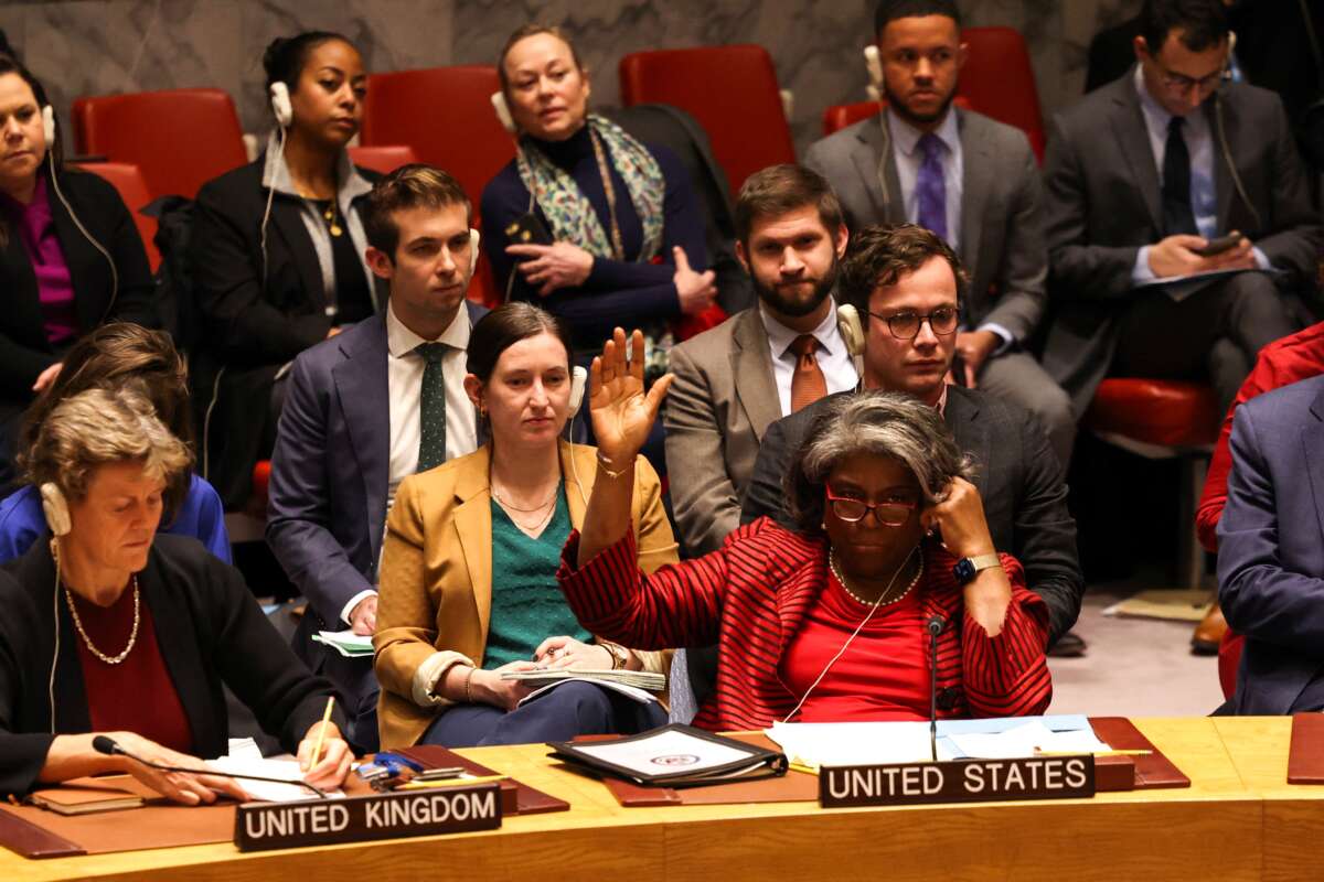 U.S. ambassador to the United Nations Linda Thomas-Greenfield abstains during a vote to approve a resolution calling for the "safe and unhindered delivery of humanitarian assistance at scale" in Gaza at UN headquarters in New York, on December 22, 2023.