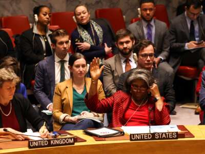 U.S. ambassador to the United Nations Linda Thomas-Greenfield abstains during a vote to approve a resolution calling for the "safe and unhindered delivery of humanitarian assistance at scale" in Gaza at UN headquarters in New York, on December 22, 2023.