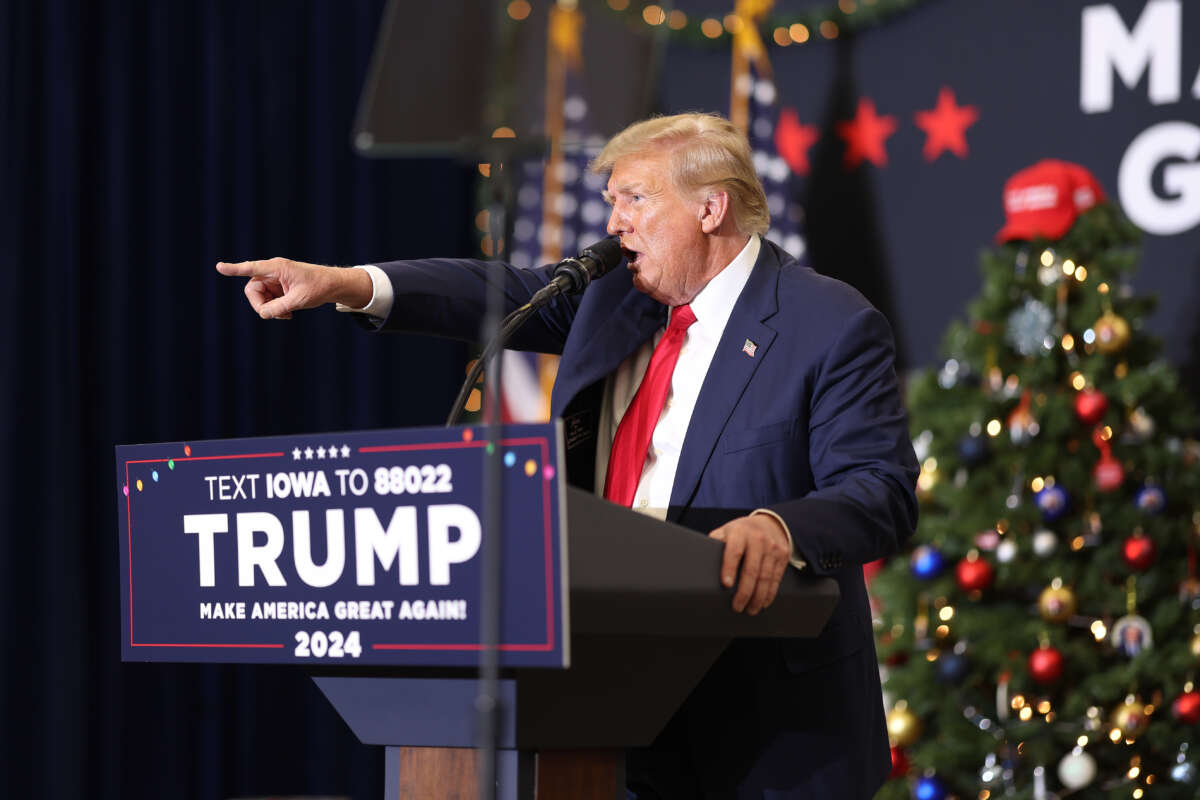 Republican presidential candidate and former U.S. President Donald Trump speaks at a campaign event on December 19, 2023, in Waterloo, Iowa.