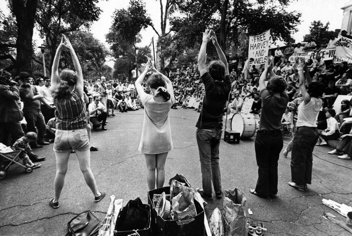 Members of the New England Student Mobilization committee stage a play depicting the dropping of the atom bomb on Hiroshima at an anti-war demonstration in Boston Common, August 9, 1969.