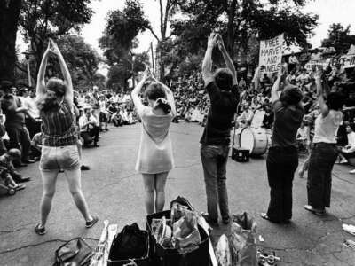 Members of the New England Student Mobilization committee stage a play depicting the dropping of the atom bomb on Hiroshima at an anti-war demonstration in Boston Common, August 9, 1969.