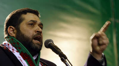 Hamas leader in Lebanon Osama Hamdan speaks during a rally at a stadium in Beirut, Lebanon, on February 1, 2009.