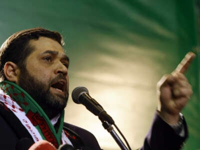 Hamas leader in Lebanon Osama Hamdan speaks during a rally at a stadium in Beirut, Lebanon, on February 1, 2009.