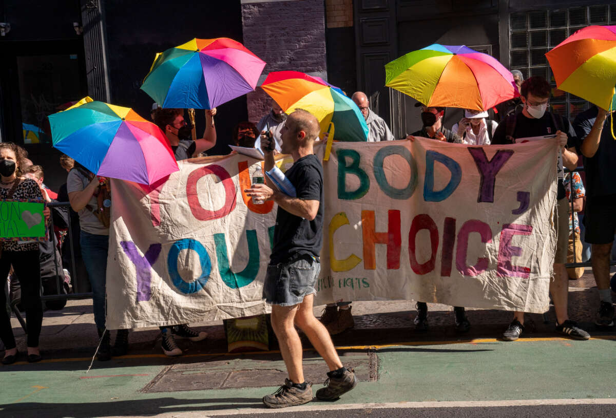 Pro-abortion rights protesters demonstrate outside the Planned Parenthood clinic and office in downtown Manhattan on September 2, 2023, in New York City.