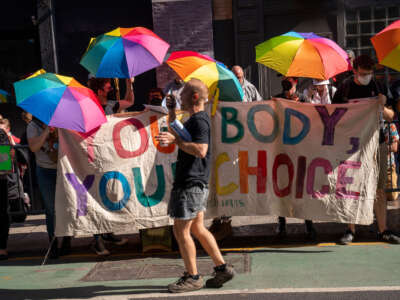 Pro-abortion rights protesters demonstrate outside the Planned Parenthood clinic and office in downtown Manhattan on September 2, 2023, in New York City.