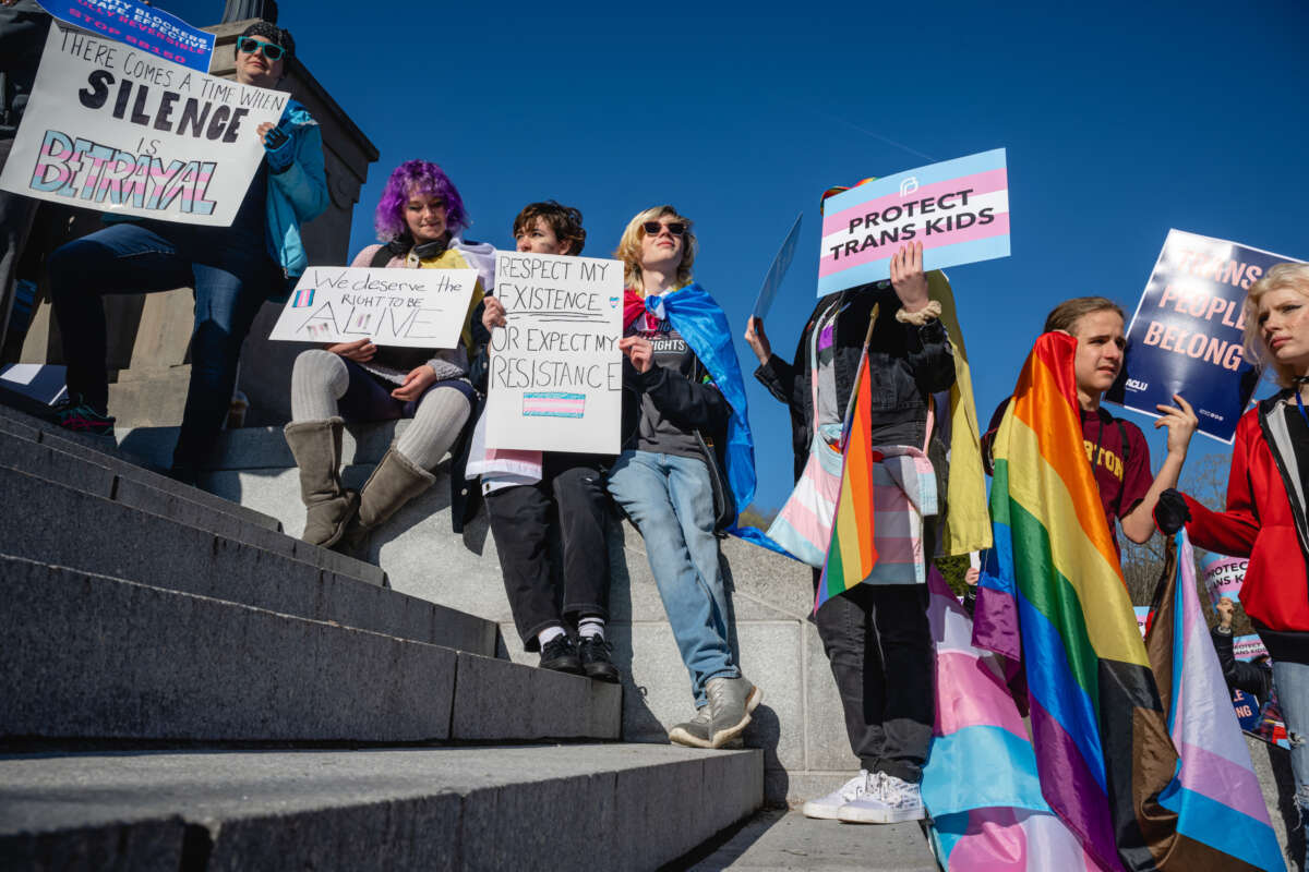 Demonstrators gather at a rally to protest the passing of Senate Bill 150 on March 29, 2023, at the Kentucky State Capitol in Frankfort, Kentucky.