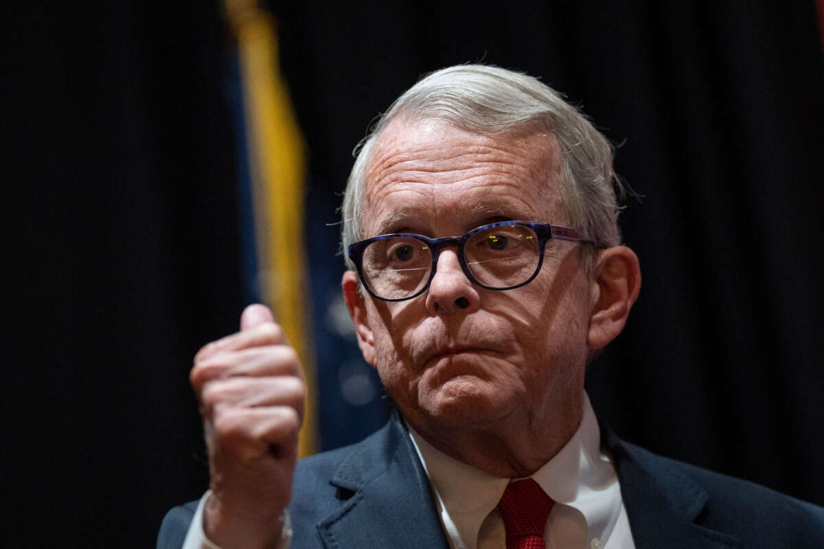 Ohio Gov. Mike DeWine speaks at a campaign stop at The Mandalay Banquet and Event Center on November 4, 2022, in Dayton, Ohio.
